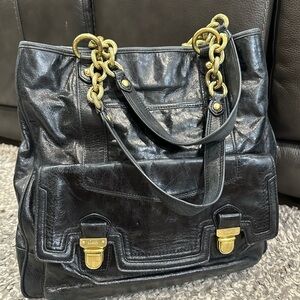 COACH Poppy Camelia 17924 Black Leather Tote Shoulder Bag Purse Brass